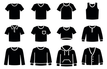 Simple silhouette apparel icons set featuring t-shirts, long sleeves, and a hoodie for fashion and wardrobe design