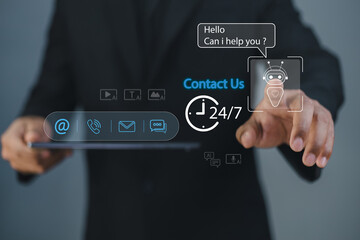 Virtual customer service interface using artificial intelligence to manage contact options like email, chat, and phone calls, optimizing digital support and workflow efficiency.