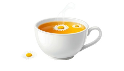 A white teacup filled with chamomile tea, steam rising, with a flower inside and beside