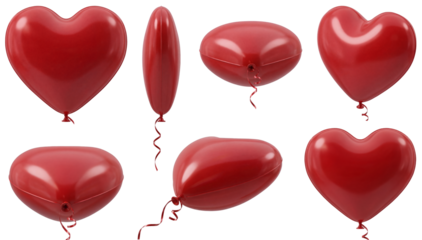set of a red heart shaped foil balloon in different poses isolated on a transparent background