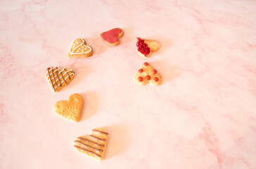 pretty  heart shaped cookies  in  multiples  scatters  copy  space  valentines  wedding  romantic food 