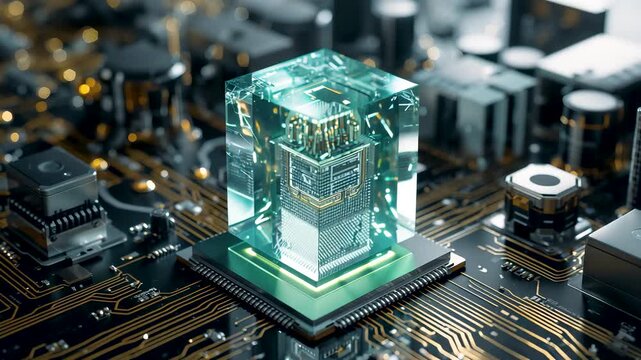 Glowing cyan crystal cube placed on computer motherboard circuit board with electronic components