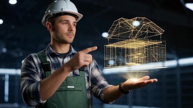 Young man in a hard hat and work attire interacting with a digital construction model in a modern industrial space