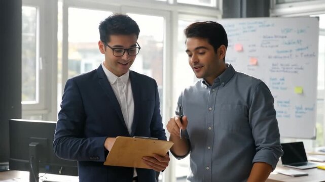 Two young men engaged in a collaborative discussion in a sunlit office, reviewing documents with a modern workspace background