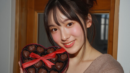 バレンタインチョコレートを手に微笑む若い日本人女性　恋愛やマッチングアプリ、婚活、恋活イメージ