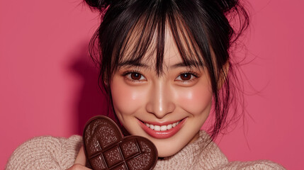 バレンタインチョコレートを手に微笑む若い日本人女性　恋愛やマッチングアプリ、婚活、恋活イメージ