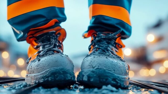Close up low angle of dirty work boots and reflective pants on wet ground with bokeh city lights