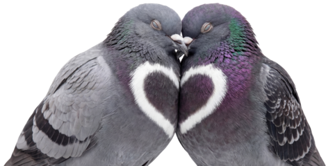 portrait of two pigeons forming a white heart shape with their chests isolated on a transparent background