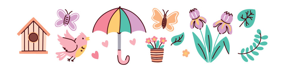 Row of seasonal elements featuring umbrella songbird insects and iris flowers. Best for decorative web headers social media borders and greeting cards © Sunflower
