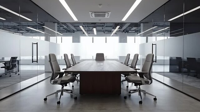 Modern office conference room with glass walls and empty chairs
