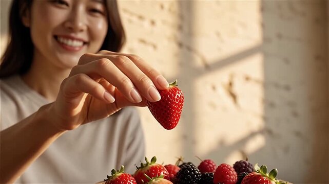 Close-up of a young woman reaching for ripe strawberries in a wooden bowl, with natural sunlight casting warm shadows in the background