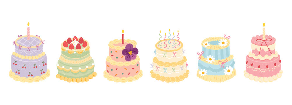 Vector set of various decorated cakes for birthday party and celebration in cute textured pastel doodle style. Includes desserts with candles fruit flowers bows, hearts for greeting cards invitations
