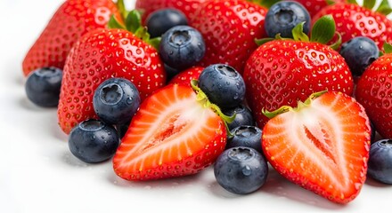 Vibrant, juicy strawberries and fresh blueberries piled together creating a healthy and delicious summer fruit arrangement close up.