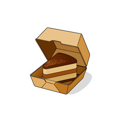 Slice of layered chocolate cake in a brown takeout box