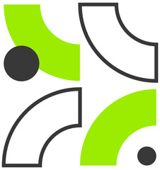 A graphic illustration of green and white abstract shapes with black outlines and circles.