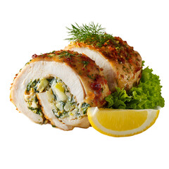 Stuffed Chicken Breast Roll with Spinach, Herbs, and Lemon Wedges on Plate