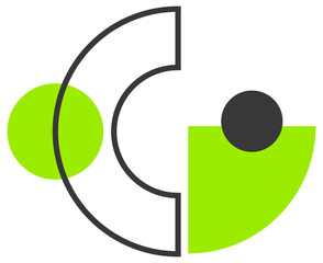 A graphic illustration depicts geometric shapes in a stylized composition.