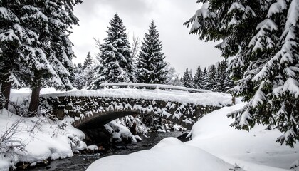 Stone arch bridge over a stream in a snowy forest, with evergreen trees and overcast sky