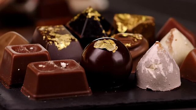 Sweets on display in a shop showcasing varied shapes and designs made of chocolate and decorated with gold flakes
