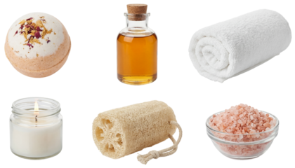 set of spa and wellness products including salt and oil isolated on a transparent background