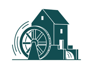 Water mill building silhouette with rotating water wheel and flowing water vector illustration