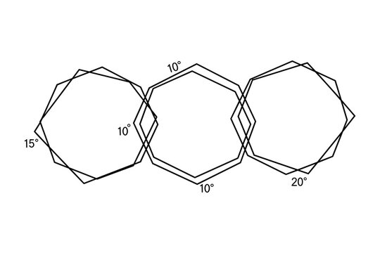 Geometric illustration of three overlapping decagons rotated by different degrees vector graphic