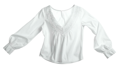 White, long-sleeved blouse with a deep V-neck and delicate lace detailing