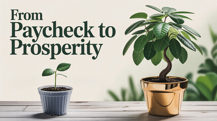 Comparison of small seedling and large plant with "From Paycheck to Prosperity" text