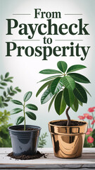 Conceptual image of plants showing growth from small pot to gold pot with "From Paycheck to Prosperity" text