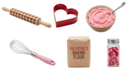 set of baking accessories for valentine's day including flour and frosting isolated on a transparent background
