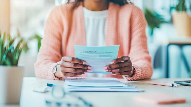 Woman attentively studying official declaration document, managing personal finance or administrative communication at bright home office.