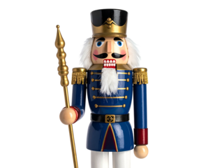 A traditionally dressed wooden soldier-like figure, holding a staff