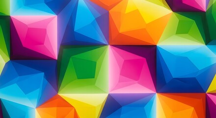 Vibrant abstract geometric pattern featuring glowing three dimensional jewel facets in a kaleidoscopic spectrum of bright colors