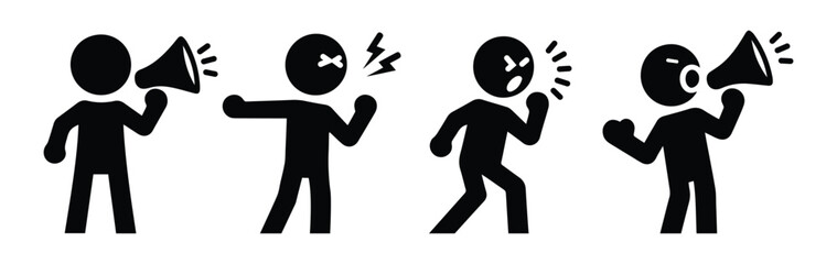 angry man shouts loudly into a loudspeaker, stick figure, important message, people with a megaphone