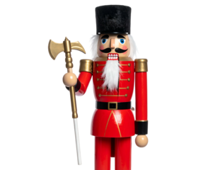 Traditional wooden figure with red uniform, holding a golden axe, and a black hat