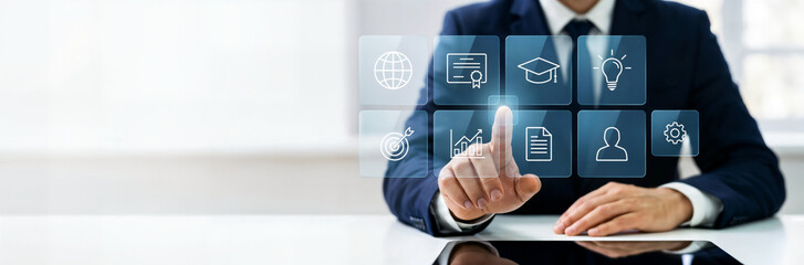 E learning technology concept. Online education, webinar, online courses..AI and machine learning enhance personalised learning. Digital training to employee, compliance, customer, partner.