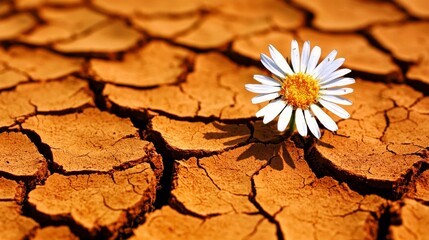 Resilient Daisy Flower in Cracked Dry Earth: Hope Amidst Drought and Climate Change
