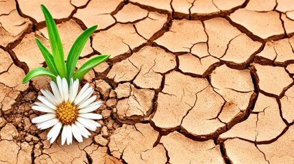 Resilience of Life: Green Sprout and Daisy Bloom in Dry, Cracked Earth