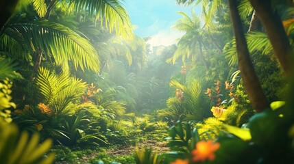 A lush tropical jungle scene with vibrant greenery, capturing the harmony of nature and the importance of environmental conservation.