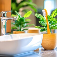 Modern Bathroom Interior with Sink, Faucet, Toothbrush, and Green Plant Decor