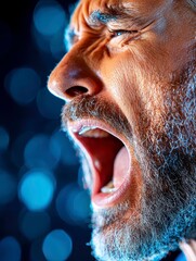 Intense Close-up of Man Screaming in Pain or Frustration with Dramatic Blue Lighting