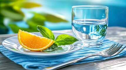 Refreshing Water with Orange Slice and Fresh Basil on Outdoor Table