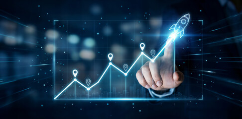 Business growth and innovation strategy concept. Pointing a digital graph with icons representing progress, milestones, technology roadmap and a rocket symbolizing business launch and growth.