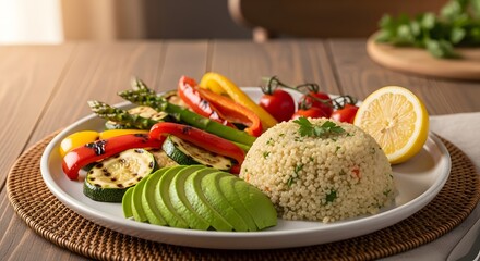 Delicious and healthy plate featuring perfectly grilled vegetables alongside a molded serving of fluffy couscous and fresh avocado slices
