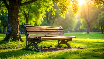 Serene Park Bench under Sunlit Tree.