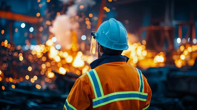 Industrial Worker in High Visibility Gear Observing Intense Heat Spark Flare in Factory Setting
