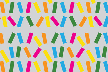 This abstract image features a repeating pattern of small, brightly colored rectangular bars on a light gray background. The bars are arranged in horizontal rows, forming pairs and angled clusters 