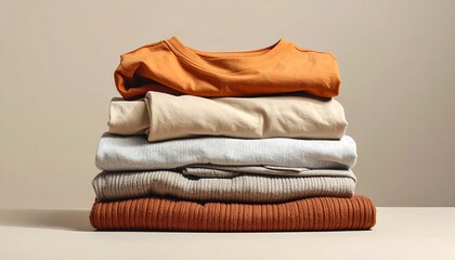 Stack of folded sweaters on table.