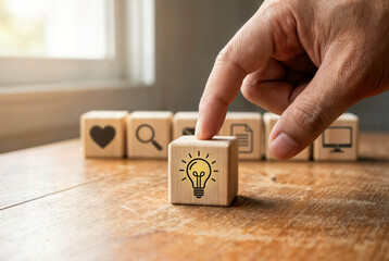 Future skills, personal development concept. Key future skills represented on wooden hexagonal blocks, including adaptability, critical thinking, and emotional and social intelligence.