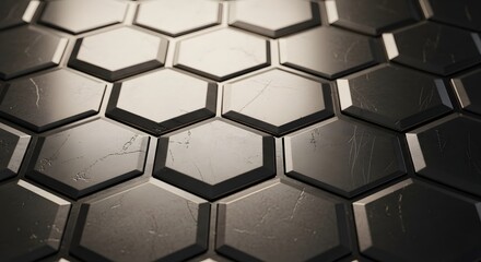 Close up view of dark metallic hexagonal tiles featuring subtle surface scratches under dramatic focused lighting
